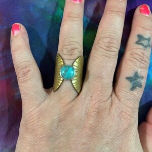Handmade brass gingko leaf ring with sterling silver and turquoise